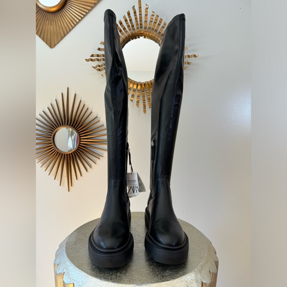 ZARA - Black Over The Knee Lug Sole Boots - Picture 5 of 9